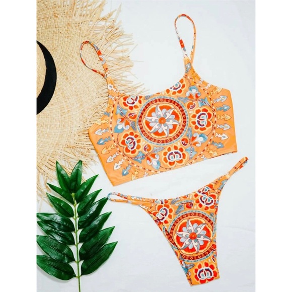Boho Print Tankini Swimsuit Bikini Floral Thong - Picture 2 of 3